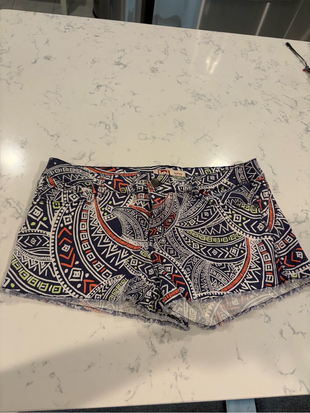 lei Navy Tribal Print Jean Shorts with Orange & Lime Accents